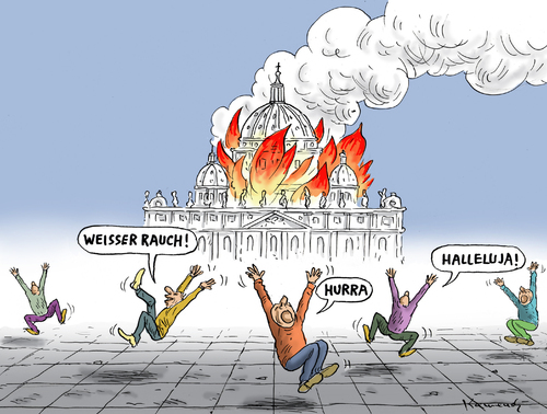 Cartoon: Weisser Rauch im Vatikan (medium) by marian kamensky tagged papstrücktritt,benedikt,vatikan,katholische,kirche,papstwahl,konklave,papstrücktritt,benedikt,vatikan,katholische,kirche,papstwahl,konklave