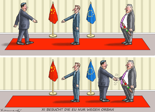 Cartoon: XI BESUCHT DIE EU NUR WEGEN ORBA (medium) by marian kamensky tagged xi,besucht,die,eu,nur,wegen,orban,macron,xi,besucht,die,eu,nur,wegen,orban,macron