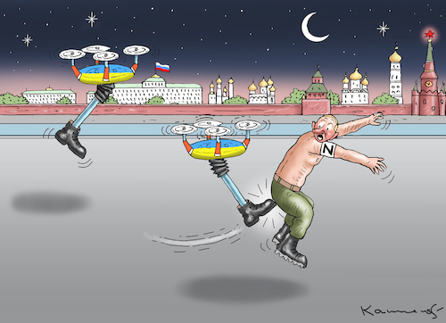 Cartoon: ZWEI DROHNEN ATTACKIEREN PUTIN I (medium) by marian kamensky tagged zwei,drohnen,attackieren,putin,in,moskau,zwei,drohnen,attackieren,putin,in,moskau