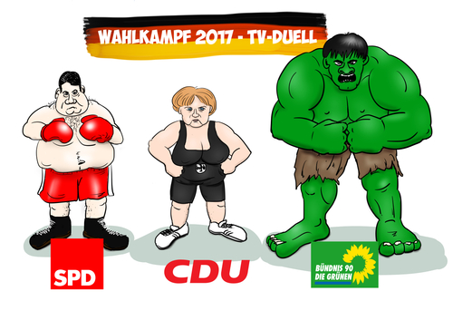 Cartoon: Wahlkampf 2017 (medium) by Andreas Vollmar tagged bundestagswahl,wahlkampf,wahlen,tv,duell,merkel,sigmar,gabriel,kanzlerin,angela,hulk,partei,cdu,spd,die,grünen