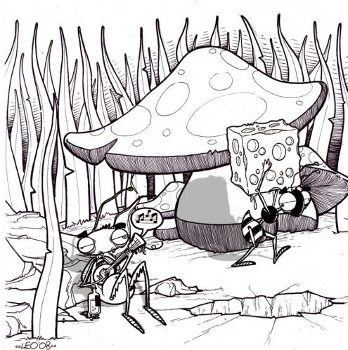 Cartoon: La Cicala e la Formica (medium) by buddybradley tagged bug,ant,cicada,cicala,formica,illustration,illustrazione,bianco,nero,black,white,esopo,aesop,fable,mashroom,grass,music,insect,drawing,favola,cartoon,disney,la