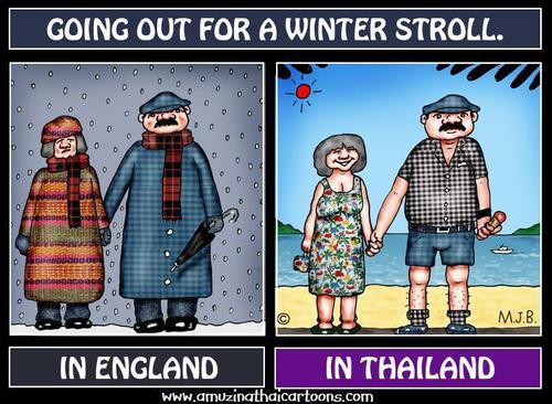 Cartoon: Winter Stroll (medium) by Mike J Baird tagged cold,warm,sunshine,winter,christmas,england,thailand