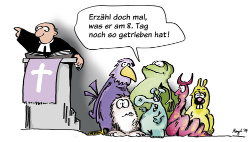 Cartoon: achtertag (medium) by Mergel tagged religion,schöpfung,monster,bibel,genesis