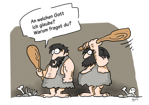 Cartoon: gottesfrage (medium) by Mergel tagged religion,streit,gottesfrage,steinzeit,keule,konflikt,anfang,konfession