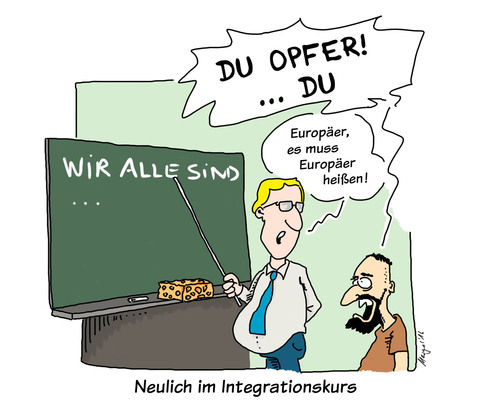 Cartoon: Integrationskurs (medium) by Mergel tagged integration,integrationskurs,zuwanderung,europäer,kulturschock