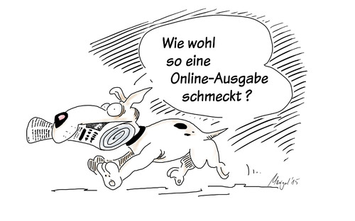 Cartoon: online-zeitung (medium) by Mergel tagged medien,zeitung,online,hund,apport,apportieren,geschmack,schmecken,medienlandschaft,information,multimedia