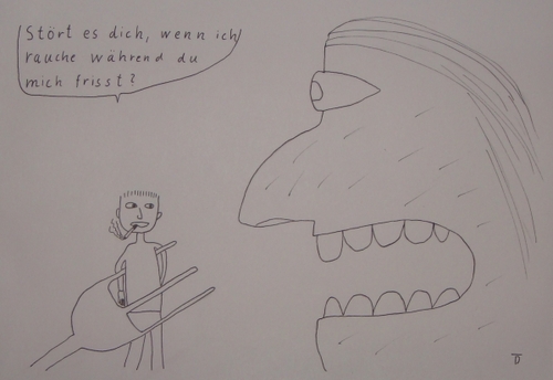 Cartoon: Kaltblütig (medium) by LaRoth tagged riese,rauchen,zigarette,fressen,essen,hunger,gabel,mahlzeit,eat,cigarette,giant,hungry,smoke