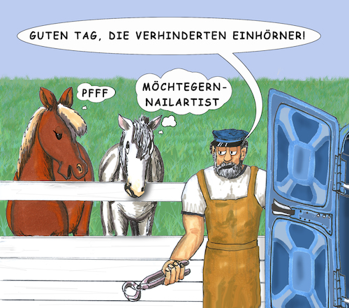 Cartoon: Artist (medium) by SoRei tagged pferde,ponys,einhorn,koppel,weide,gatter,zaun,weidezaun,schmied,hufschmied,mobil,mobiler,service,eisen,hufeisen,beschlag,beschlagen,huf,feile,raspel,schmieden,feuer,kfz,transporter,kastenwagen,schürze,lederschürze,hausbesuch,pediküre,maniküre,french,wire,pferde,pony,ponys,einhorn,einhörner,koppel,weide,gatter,zaun,weidezaun,schmied,hufschmied,mobil,mobiler,service,ange,eisen,hufeisen,beschlag,beschlagen,huf,feile,raspel,schmieden,feuer,kfz,transporter,kastenwagen,schürze,lederschürze,hausbesuch,pediküre,maniküre,nail,naildesign,naildesigner,nailartist,nailart,fashion,kosmetik,trend,wirenails,handwerk,kunsthandwerk,werkzeug,besteck,garnitur,grobmotorik,feinmotorik,begrüßung,kommunikation,geringschätzen,abwerten,herabsetzen,diskreditieren,schmähen,in,verruf,bringen,dienstleistung,dienstleister,ambulant,lokal,mann,derb,grobian,grob,fabelwesen,fabeltier,sehnsucht,märchen,fantasy,roman,literatur,kindertraum,spielzeug,zauber,zauberhaft,kitsch,kitschig