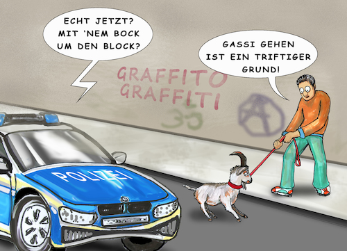 Cartoon: Ausgangsbeschränkung (medium) by SoRei tagged ausgangsbeschränkung,triftiger,grund,quarantäne,alibi,ausrede,polizei,polizeistreife,streifenwagen,patrouille,patrouillieren,gassi,gehen,spazieren,sport,treiben,wir,bleiben,zuhause,ziege,ziegenbock,bock,block,graffiti,ansprache,strick,haustier,tierhalter,öffentlicher,raum,straßenverkehr,straße,öffentlich,öffentlichkeit,soziales,leben,freiheit,draußen,bewegung,lagerkoller,missbrauch,freiheitsrechte,beschränkung,freizügigkeit,grundrechte,volksgesundheit,herdenimmunität,corona,virus,covid,maßnahmen,seuchengesetz,schlupfloch,kontrolle,katastrophenfall,schutz,ansteckung,freiraum,ausgangsbeschränkung,triftiger,grund,quarantäne,alibi,ausrede,polizei,polizeistreife,streifenwagen,patrouille,patrouillieren,gassi,gehen,spazieren,sport,treiben,wir,bleiben,zuhause,ziege,ziegenbock,bock,block,graffiti,ansprache,strick,haustier,tierhalter,öffentlicher,raum,straßenverkehr,straße,öffentlich,öffentlichkeit,soziales,leben,freiheit,draußen,bewegung,lagerkoller,missbrauch,freiheitsrechte,beschränkung,freizügigkeit,grundrechte,volksgesundheit,herdenimmunität,corona,virus,covid,maßnahmen,seuchengesetz,schlupfloch,kontrolle,katastrophenfall,schutz,ansteckung,freiraum