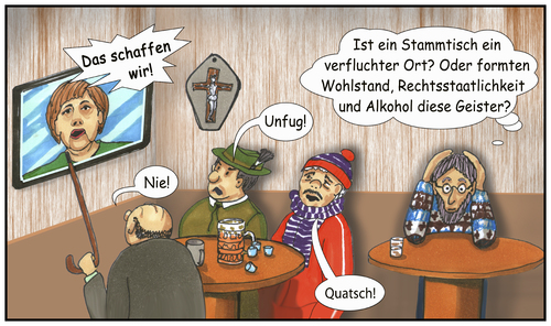 Cartoon: Das schaffen wir! (medium) by SoRei tagged merkel,das,schaffen,wir,stammtisch,kneipe,stammtischpolitik,alkohol,rechtsstaatlichkeit,wohlstand,geister,flüchtlingswelle,flüchtlingskrise,asyldiskussion,asylrecht,bleiberecht,flucht,flüchtlingsschwemme,optimismus,riss,in,der,gesellschaft,integration,asylpolitik,merkel,das,schaffen,wir,stammtisch,kneipe,stammtischpolitik,alkohol,rechtsstaatlichkeit,wohlstand,geister,flüchtlingswelle,flüchtlingskrise,asyldiskussion,asylrecht,bleiberecht,flucht,flüchtlingsschwemme