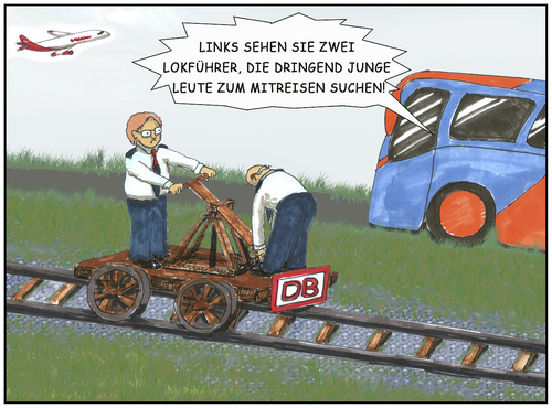 Cartoon: die Bahn ... (medium) by SoRei tagged lokführer,draisine,fernbus,billig,airlines,junge,leute,zum,mitreisen,gesucht,sparmaßnahmen,einbußen,vorstand,verkleinert,streik,gleis,gleise,busfahrer,durchsage,randstreifen,lokführer,draisine,fernbus,billig,airlines,junge,leute,zum,mitreisen,gesucht,sparmaßnahmen,einbußen,vorstand,verkleinert,streik,gleis,gleise,busfahrer,durchsage,randstreifen