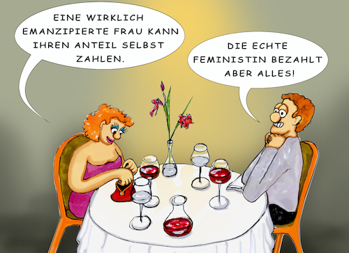 Cartoon: Fair Play (medium) by SoRei tagged date,rendezvous,essen,einladung,benimm,höflichkeit,anstand,romantik,werbung,stilvoll,galant,spendabel,sugardaddy,formvollendet,etikette,emanzipation,frau,mann,unterdrückung,frauenrechte,gleichberechtigung,feminismus,frauenbewegung,equal,pay,day,errungenschaft,unabhängigkeit,fortschritt,frauenwahlrecht,kampf,geschlechterkampf,gendering,geschlechterrolle,akademisch,politisch,kulturell,gesellschaftlich,patriarchat,matriarchat,tradition,sexismus,diskriminierung,selbstbestimmung,lohngleichheit,geschichte,radikal,kritik,verhandeln,betrügen,schädigen,kampagne,klischee,erniedrigen,date,rendezvous,essen,einladung,benimm,höflichkeit,anstand,romantik,werbung,stilvoll,galant,spendabel,sugardaddy,formvollendet,etikette,emanzipation,frau,mann,unterdrückung,frauenrechte,gleichberechtigung,feminismus,frauenbewegung,equal,pay,day,errungenschaft,unabhängigkeit,fortschritt,frauenwahlrecht,kampf,geschlechterkampf,gendering,geschlechterrolle,akademisch,politisch,kulturell,gesellschaftlich,patriarchat,matriarchat,tradition,sexismus,diskriminierung,selbstbestimmung,lohngleichheit,geschichte,radikal,kritik,verhandeln,betrügen,schädigen,kampagne,klischee,erniedrigen