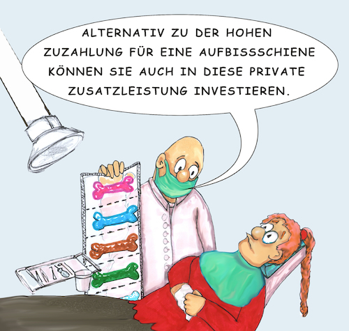 Cartoon: Kauknochen (medium) by SoRei tagged zahnarzt,aufbissschiene,abdruck,bisskraft,abrasion,nachts,schlafen,probleme,unbewusst,verdrängung,private,zusatzleistung,zuzahlung,krankenversicherung,versicherungsleistung,krankenkasse,zahnarztstuhl,behandlungsstuhl,behandlung,heilbehandlung,kontrolle,kiefer,kieferorthopädie,kieferstellung,beisschiene,hundeknochen,kauknochen,zahnarzt,aufbissschiene,abdruck,bisskraft,abrasion,nachts,schlafen,probleme,unbewusst,verdrängung,private,zusatzleistung,zuzahlung,krankenversicherung,versicherungsleistung,krankenkasse,zahnarztstuhl,behandlungsstuhl,behandlung,heilbehandlung,kontrolle,kiefer,kieferorthopädie,kieferstellung,beisschiene,hundeknochen,kauknochen