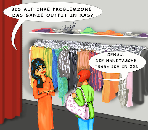 Cartoon: Problemzone (medium) by SoRei tagged xxs,xxl,xl,size,zero,größe,null,übergröße,problemzone,kleidung,bekleidung,handtasche,boutique,laden,geschäft,mode,damenmode,damenbekleidung,wäsche,fashion,einkleiden,umkleide,garderobe,outfit,verkäuferin,beratung,anprobe,ansicht,konfektion,konfektionsgröße,hungerhaken,style,auswahl,regal,vorhang,hüte,hut,kleiderständer,kleiderbügel,showroom,schaufenster,dekoration,präsentieren,modisch,schönheitsideal,modebewusstsein,bag,damentasche,shopper,clutch,skinny,figur,figurproblem,problemfigur,shoppen,shopping,bummel,bummeln,einkaufsbummel,einkaufstour,einkauf,xxs,xxl,xl,size,zero,größe,null,übergröße,problemzone,kleidung,bekleidung,handtasche,boutique,laden,geschäft,mode,damenmode,damenbekleidung,wäsche,fashion,einkleiden,umkleide,garderobe,outfit,verkäuferin,beratung,anprobe,ansicht,konfektion,konfektionsgröße,hungerhaken,style,auswahl,regal,vorhang,hüte,hut,kleiderständer,kleiderbügel,showroom,schaufenster,dekoration,präsentieren,modisch,schönheitsideal,modebewusstsein,bag,damentasche,shopper,clutch,skinny,figur,figurproblem,problemfigur,shoppen,shopping,bummel,bummeln,einkaufsbummel,einkaufstour,einkauf