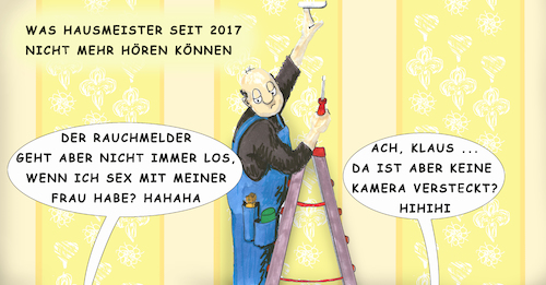 Cartoon: Rauchmelder (medium) by SoRei tagged 2017,januar,gesetzesänderung,neuerung,rauchmelder,mietwohnung,wohnungseigentum,schlafzimmer,treppenhaus,flur,rettungswege,exit,notausgang,alarm,rauch,feuer,feuerwehr,vorschrift,gesetz,feuerlöscher,privathaushalt,hausmeister,mann,frau,kamera,leiter,blaumann,latzhose,stehleiter,schraubendreher,sicherheit,brandvermeidung,vorbeugen,löschen,tapete,handwerker,2017,januar,gesetzesänderung,neuerung,rauchmelder,mietwohnung,wohnungseigentum,schlafzimmer,treppenhaus,flur,rettungswege,exit,notausgang,alarm,rauch,feuer,feuerwehr,vorschrift,gesetz,feuerlöscher,privathaushalt,hausmeister,sex,mann,frau,kamera,leiter,blaumann,latzhose,stehleiter,schraubendreher,sicherheit,brandvermeidung,vorbeugen,löschen,tapete,handwerker