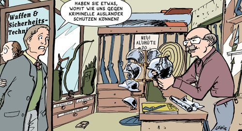 Cartoon: Behütet (medium) by Jaehling tagged waffen,reizgas,pegida,nopegida,waffenhändler,asyl,flüchtlinge,ausländer