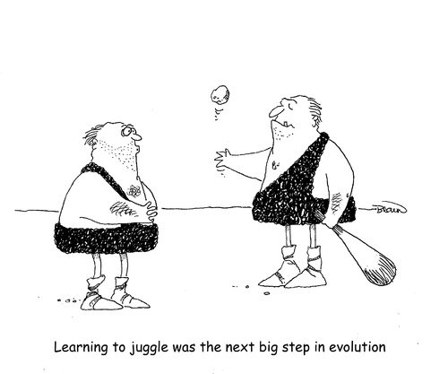 Cartoon: Evolution proven (medium) by Joebrowntoons tagged caveman,neandethal,juggle,juggling,jugglingcartoon,jugglecarton,cavemancartoon,joebrowncartoon,gagcartoon