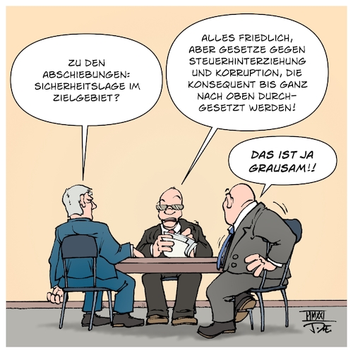 Cartoon: Abschiebungen (medium) by Timo Essner tagged innenministerium,abschiebung,abschiebungen,menschenrechte,sicherheitslage,lebensgefahr,helfer,politik,bundesinnenministerium,steuern,steuerhinterziehung,korruption,transparenz,werte,moral,prioritäten,cartoon,timo,essner,innenministerium,abschiebung,abschiebungen,menschenrechte,sicherheitslage,lebensgefahr,helfer,politik,bundesinnenministerium,steuern,steuerhinterziehung,korruption,transparenz,werte,moral,prioritäten,cartoon,timo,essner