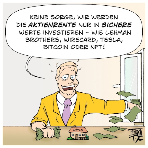 Cartoon: Aktienrente (medium) by Timo Essner tagged rente,pensionen,rentenpolitik,deutschland,aktienrente,privatisierung,fdp,bundesfinanzminister,börse,aktienmarkt,volatilität,aktien,anlagen,anleihen,wertverlust,altersvorsorge,cartoon,timo,essner,rente,pensionen,rentenpolitik,deutschland,aktienrente,privatisierung,fdp,bundesfinanzminister,börse,aktienmarkt,volatilität,aktien,anlagen,anleihen,wertverlust,altersvorsorge,cartoon,timo,essner