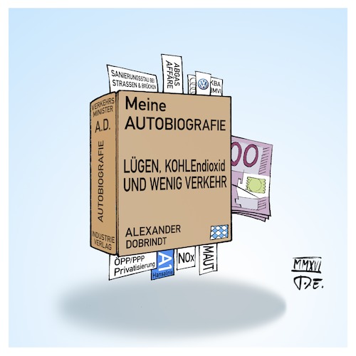 Cartoon: Alexander Dobrindt Autobiografie (medium) by Timo Essner tagged alexander,dobridt,autobiographie,autobahn,maut,mautobahn,öpp,ppp,privatisierung,a1,hansalinie,sanierungsstau,straßen,brücken,verkehrsminister,abgasaffäre,dieselaffäre,dieselgate,vw,audi,nox,stickstoff,kba,kraftfahrbundesamt,bundesverkehrsministerium,verkehrsministerium,bvmi,cartoon,timo,essner,alexander,dobridt,autobiographie,autobahn,maut,mautobahn,öpp,ppp,privatisierung,a1,hansalinie,sanierungsstau,straßen,brücken,verkehrsminister,abgasaffäre,dieselaffäre,dieselgate,vw,audi,nox,stickstoff,kba,kraftfahrbundesamt,bundesverkehrsministerium,verkehrsministerium,bvmi,cartoon,timo,essner