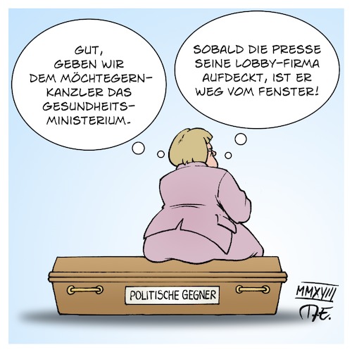 Cartoon: Aussitzen (medium) by Timo Essner tagged jens,spahn,cdu,gesundheitsministerium,lobby,pharma,pharmaministerium,gesundheitsminister,bundesgesundheitsministerium,bmg,medien,öffentlichkeit,politas,angela,merkel,politische,gegner,aussitzen,groko2018,cartoon,timo,essner,jens,spahn,cdu,gesundheitsministerium,lobby,pharma,pharmaministerium,gesundheitsminister,bundesgesundheitsministerium,bmg,medien,öffentlichkeit,politas,angela,merkel,politische,gegner,aussitzen,groko2018,cartoon,timo,essner