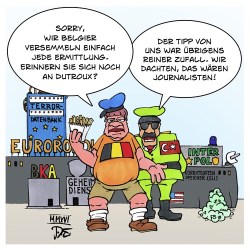 Cartoon: Belgien und die Terrorermittlung (medium) by Timo Essner tagged belgien,türkei,eu,terror,anschlag,tipp,spuren,terroristen,geheimdienste,ermittlungsbehörden,ermittlungen,polizei,cartoon,timo,essner,belgien,türkei,eu,terror,anschlag,tipp,spuren,terroristen,geheimdienste,ermittlungsbehörden,ermittlungen,polizei,cartoon,timo,essner