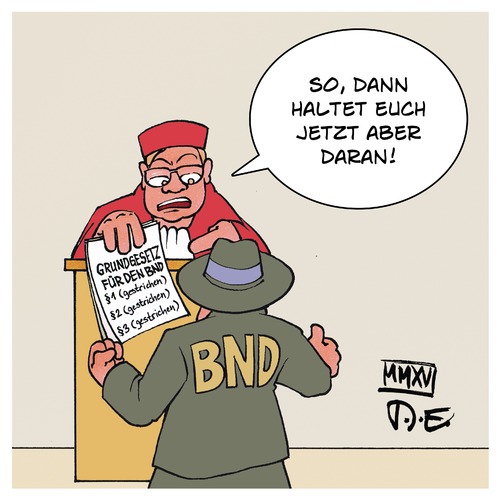 Cartoon: BND Grundgesetz (medium) by Timo Essner tagged bundesverfassungsgericht,verfassungsgericht,grundgesetz,geheimdienste,bürger,datenschutz,bnd,cartoon,timo,essner,bundesverfassungsgericht,verfassungsgericht,grundgesetz,geheimdienste,bürger,datenschutz,bnd,cartoon,timo,essner