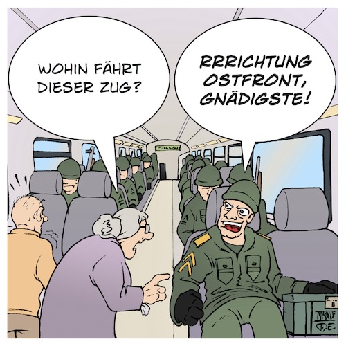 Cartoon: Bundeswehr Bahn (medium) by Timo Essner tagged deutsche,bahn,bundeswehr,gratisfahrten,annegret,kramp,karrenbauer,geschichte,reichsbahn,truppentransport,ostfront,cartoon,timo,essner,deutsche,bahn,bundeswehr,gratisfahrten,annegret,kramp,karrenbauer,geschichte,reichsbahn,truppentransport,ostfront,cartoon,timo,essner