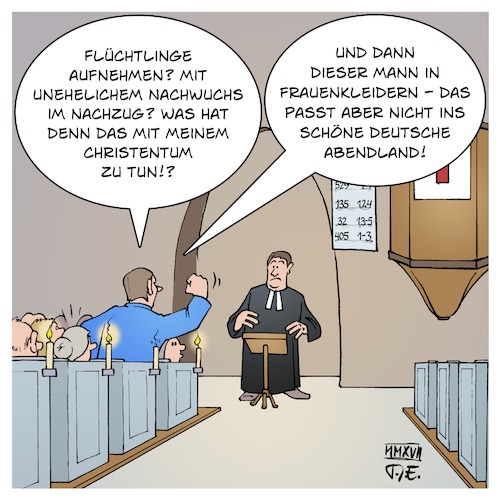 Cartoon: Christmette (medium) by Timo Essner tagged abendlandskulturmette,abendland,christentum,leitkultur,weihnachten,christmette,afd,kultur,weihnachtsgeschichte,maria,josef,flüchtlinge,nachzug,familiennachzug,uneheliches,kind,ulf,poschardt,welt,poschardtevangelium,cartoon,timo,essner,abendlandskulturmette,abendland,christentum,leitkultur,weihnachten,christmette,afd,kultur,weihnachtsgeschichte,maria,josef,flüchtlinge,nachzug,familiennachzug,uneheliches,kind,ulf,poschardt,welt,poschardtevangelium,cartoon,timo,essner