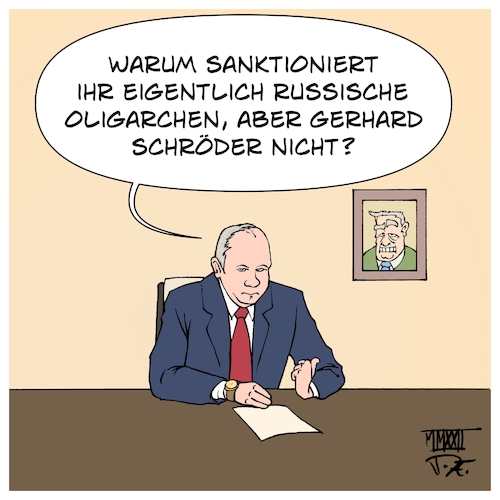 Cartoon: Deutsche Oligarchen (medium) by Timo Essner tagged putin,angriff,krieg,invasion,ukraine,sanktionen,kapitalflucht,oligarchen,russland,milliardäre,milliarden,kleptokratie,gerhard,schröder,gazprom,nordstream2,aufsichtsrat,handel,mit,dem,feind,geldwäsche,deutschland,cartoon,timo,essner,putin,angriff,krieg,invasion,ukraine,sanktionen,kapitalflucht,oligarchen,russland,milliardäre,milliarden,kleptokratie,gerhard,schröder,gazprom,nordstream2,aufsichtsrat,handel,mit,dem,feind,geldwäsche,deutschland,cartoon,timo,essner