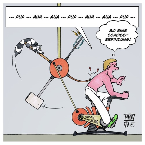 Cartoon: Die Selbstkasteiungs-Maschine (medium) by Timo Essner tagged fitness,folterinstrument,folterwerkzeug,fahrrad,laufrad,hometraining,sport,hometrainer,training,training,hometrainer,sport,hometraining,laufrad,fahrrad,folterwerkzeug,folterinstrument,fitness,katze,mann,schmerzen