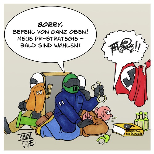 Cartoon: Festnahmen in Freital (medium) by Timo Essner tagged freital,nazis,rechter,terror,rechte,terroristen,rechtsradikale,verbrecher,bombenbau,polenböller,bka,bnd,verfassungsschutz,wahlen,landtagswahl,bundestagswahl,cartoon,timo,essner,freital,nazis,rechter,terror,rechte,terroristen,rechtsradikale,verbrecher,bombenbau,polenböller,bka,bnd,verfassungsschutz,wahlen,landtagswahl,bundestagswahl,cartoon,timo,essner