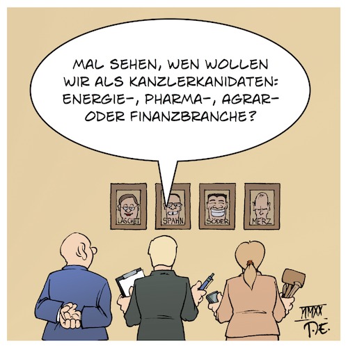 Cartoon: Kanzlerkandidat (medium) by Timo Essner tagged kanzlerkandidat,kanzlerkandidaten,cdu,merz,spahn,laschet,söder,bundestagswahl,rücktritt,akk,kramp,karrenbauer,niemehrcdu,rwe,blackrock,bauernverband,pharmaindustrie,lobby,lobbyismus,lobbyregister,cartoon,timo,essner,kanzlerkandidat,kanzlerkandidaten,cdu,merz,spahn,laschet,söder,bundestagswahl,rücktritt,akk,kramp,karrenbauer,niemehrcdu,rwe,blackrock,bauernverband,pharmaindustrie,lobby,lobbyismus,lobbyregister,cartoon,timo,essner