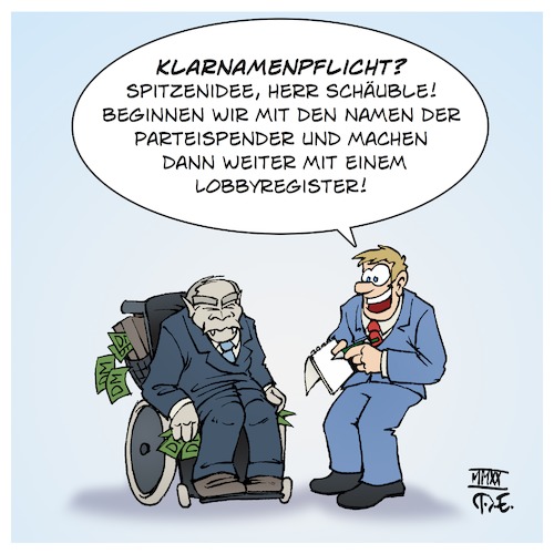 Cartoon: Klarnamenpflicht (medium) by Timo Essner tagged wolfgang,schäuble,klarnamenpflicht,klarnamen,parteispender,parteispenden,cdu,kohl,schwarze,kassen,koffer,mit,geld,100000,dm,korruption,kriminalität,waffenhandel,prävention,geldwäsche,steuerhinterziehung,einflussnahme,wirtschaft,lobbyismus,lobbyregister,demokratie,cartoon,timo,essner,wolfgang,schäuble,klarnamenpflicht,klarnamen,parteispender,parteispenden,cdu,kohl,schwarze,kassen,koffer,mit,geld,100000,dm,korruption,kriminalität,waffenhandel,prävention,geldwäsche,steuerhinterziehung,einflussnahme,wirtschaft,lobbyismus,lobbyregister,demokratie,cartoon,timo,essner