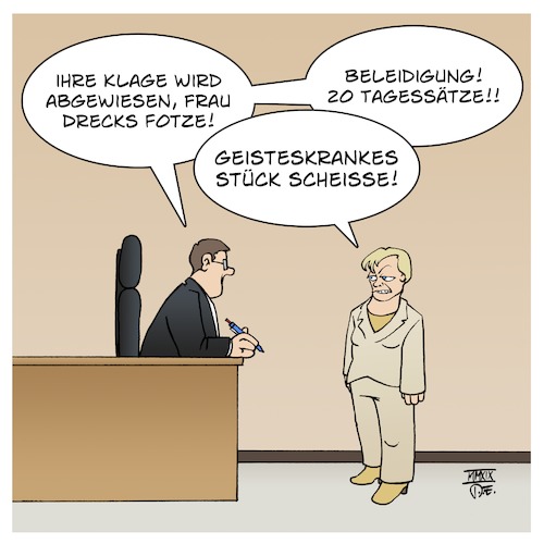 Cartoon: Künast vor Gericht (medium) by Timo Essner tagged richter,landgericht,berlin,renate,künast,beleidigung,internet,social,media,gesellschaft,strafrecht,politiker,öffentlichkeit,verbale,gewalt,drecks,fotze,geisteskrank,stück,scheiße,cartoon,timo,essner,richter,landgericht,berlin,renate,künast,beleidigung,internet,social,media,gesellschaft,strafrecht,politiker,öffentlichkeit,verbale,gewalt,drecks,fotze,geisteskrank,stück,scheiße,cartoon,timo,essner