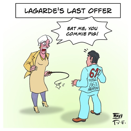 Cartoon: Lagardes Last Offer (medium) by Timo Essner tagged imf,christine,lagarde,alexis,tsipras,democracy,greece,grexit,oxi,austerity,debt,economics,finances,taxes,welfare,state,bankruptcy,rebuilding,nation,imf,christine,lagarde,alexis,tsipras,democracy,greece,grexit,oxi,austerity,debt,economics,finances,taxes,welfare,state,bankruptcy,rebuilding,nation
