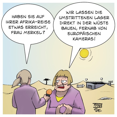 Cartoon: Merkel in Afrika (medium) by Timo Essner tagged angela,merkel,afrika,auffanglager,lager,wüste,rechlosigkeit,vergewaltigungen,menschenrechte,europa,aufmerksamkeit,presse,westafrika,senegal,nigeria,angola,ghana,cartoon,timo,essner,angela,merkel,afrika,auffanglager,lager,wüste,rechlosigkeit,vergewaltigungen,menschenrechte,europa,aufmerksamkeit,presse,westafrika,senegal,nigeria,angola,ghana,cartoon,timo,essner