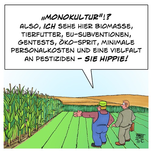 Cartoon: Monokultur (medium) by Timo Essner tagged monokultur,landwirtschaft,gentechnik,genpflanzen,genmais,testfelder,chemie,dünger,düngemittel,pestizide,insektizide,glyphosat,natur,biologische,vielfalt,bienen,insekten,flora,fauna,personal,personalkosten,intensive,bodennutzung,cartoon,timo,essner,monokultur,landwirtschaft,gentechnik,genpflanzen,genmais,testfelder,chemie,dünger,düngemittel,pestizide,insektizide,glyphosat,natur,biologische,vielfalt,bienen,insekten,flora,fauna,personal,personalkosten,intensive,bodennutzung,cartoon,timo,essner