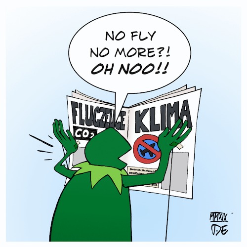 Cartoon: No fly no more (medium) by Timo Essner tagged climate,change,flights,airplane,air,traffic,co2,carbon,emissions,kermit,the,frog,timo,essner,no,climate,change,flights,airplane,air,traffic,co2,carbon,emissions,kermit,the,frog,timo,essner