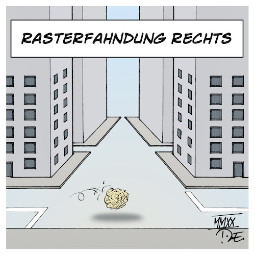 Cartoon: Rasterfahndung rechts (medium) by Timo Essner tagged rasterfahndung,rechts,nazis,terrorismus,naziterror,hufeisentheorie,raf,nsu,antisemitismus,halle,kriminalität,mord,kriminalstatistik,fahndung,lübcke,mörder,ermittlungen,polizei,staatsanwaltschaft,bundesstaatsanwalt,gerichte,auf,dem,rechten,auge,blind,deutschland,cartoon,timo,essner,rasterfahndung,rechts,nazis,terrorismus,naziterror,hufeisentheorie,raf,nsu,antisemitismus,halle,kriminalität,mord,kriminalstatistik,fahndung,lübcke,mörder,ermittlungen,polizei,staatsanwaltschaft,bundesstaatsanwalt,gerichte,auf,dem,rechten,auge,blind,deutschland,cartoon,timo,essner