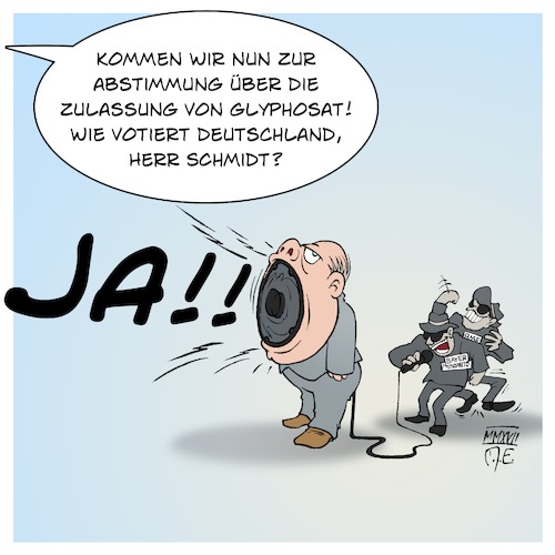 Cartoon: Schmidt Glyphosat (medium) by Timo Essner tagged landwirtschaftsminister,lebensmittel,landwirtschaft,verbraucherschutz,umwelt,umweltschutz,naturschutz,artenvielfalt,insektensterben,biodiversität,nbs,christian,schmidt,schmift,lautsprecher,bayer,basf,cartoon,timo,essner,landwirtschaftsminister,verbraucherschutzminister,landwirtschaft,umwelt,umweltschutz,naturschutz,artenvielfalt,insektensterben,biodiversität,nbs,christian,schmidt,schmift,lautsprecher,bayer,basf,cartoon,timo,essner