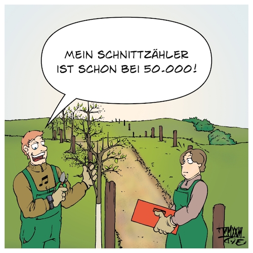 Cartoon: Schnittzähler (medium) by Timo Essner tagged garten,gärtner,gärtnerei,baumschule,obstplantage,plantage,obstbau,schere,astschere,schnittzähler,schrittzähler,fitbits,fitness,tracker,aktivität,gesundheit,beschneiden,rückschnitt,frühling,förster,baumarbeiten,baumpflege,gartenarbeit,cartoon,timo,essner,garten,gärtner,gärtnerei,baumschule,obstplantage,plantage,obstbau,schere,astschere,schnittzähler,schrittzähler,fitbits,fitness,tracker,aktivität,gesundheit,beschneiden,rückschnitt,frühling,förster,baumarbeiten,baumpflege,gartenarbeit,cartoon,timo,essner