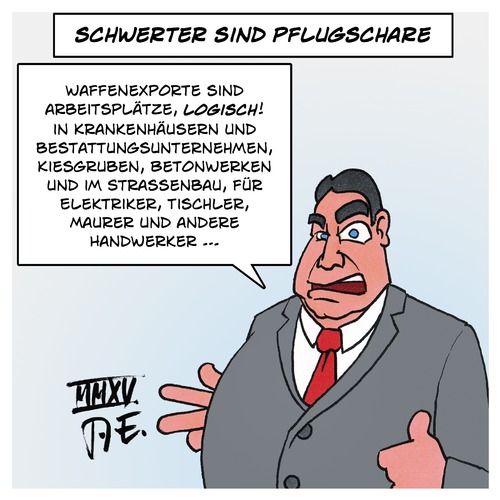 Cartoon: Schwerter sind Pflugschare (medium) by Timo Essner tagged schwerter,pflugschare,waffen,waffenexporte,wirtschaft,sozialpolitik,spd,sigmar,gabriel,wirtschaftsministerium,arbeitsplätze,fluchtursachen,einwanderung,cartoon,timo,essner,schwerter,pflugschare,waffen,waffenexporte,wirtschaft,sozialpolitik,spd,sigmar,gabriel,wirtschaftsministerium,arbeitsplätze,fluchtursachen,einwanderung,cartoon,timo,essner