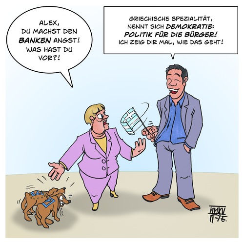 Cartoon: Tsipras Merkel und die Banken (medium) by Timo Essner tagged alexis,tsipras,angela,merkel,banken,ezb,deutsche,bank,deutschland,griechenland,europa,finanzkrise,demokratie,finanzpolitik,sozialpolitik,syriza,alexis,tsipras,angela,merkel,banken,ezb,deutsche,bank,deutschland,griechenland,europa,finanzkrise,demokratie,finanzpolitik,sozialpolitik,syriza