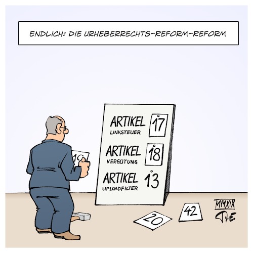 Cartoon: Urheberrechtsreformreform (medium) by Timo Essner tagged eu,urheberrecht,reform,urheberrechtsreform,axel,voss,cdu,csu,evp,niemehrcdu,niewiedercdu,artikel11,artikel12,artikel13,uploadfilter,linksteuer,vergütungsrecht,bezahlung,künstler,urheber,cartoon,timo,essner,eu,urheberrecht,reform,urheberrechtsreform,axel,voss,cdu,csu,evp,niemehrcdu,niewiedercdu,artikel11,artikel12,artikel13,uploadfilter,linksteuer,vergütungsrecht,bezahlung,künstler,urheber,cartoon,timo,essner