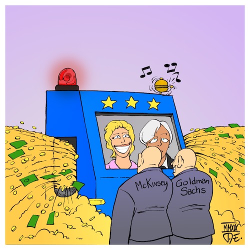 Cartoon: Von der Leyen Lagarde EU (medium) by Timo Essner tagged ursula,von,der,leyen,bundeswehr,mckinsey,berateraffäre,gorch,fock,beschaffung,ausrüstung,material,christine,lagarde,iwf,währungsfond,monetary,fund,griechenland,greece,goldmansachs,bewertung,consulting,krise,economy,economic,crisis,eu,europa,europe,wirtschaft,banken,berater,banks,banksters,jackpot,korruption,corruption,demokratie,democracy,selbstbedienung,selbstbereicherung,kommssionspräsidentin,commission,chefin,ezb,ecb,europäische,zentralbank,cartoon,timo,essner,ursula,von,der,leyen,bundeswehr,mckinsey,berateraffäre,gorch,fock,beschaffung,ausrüstung,material,christine,lagarde,iwf,währungsfond,monetary,fund,griechenland,greece,goldmansachs,bewertung,consulting,krise,economy,economic,crisis,eu,europa,europe,wirtschaft,banken,berater,banks,banksters,jackpot,korruption,corruption,demokratie,democracy,selbstbedienung,selbstbereicherung,kommssionspräsidentin,commission,chefin,ezb,ecb,europäische,zentralbank,cartoon,timo,essner