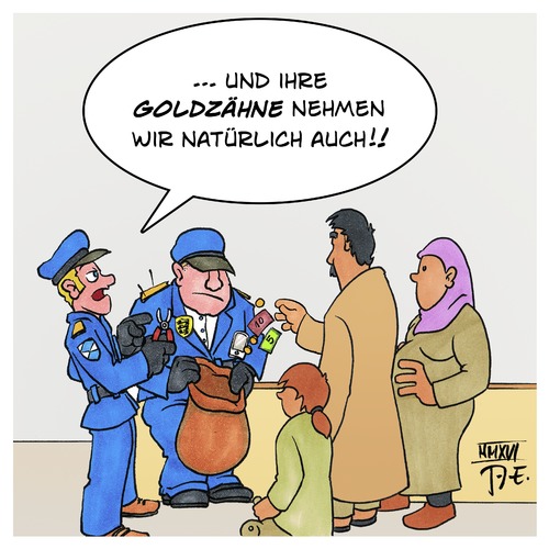 Cartoon: Wertsachen (medium) by Timo Essner tagged wertsachen,obergrenze,obergrenzen,dänemark,schweiz,bayern,baden,württemberg,deutschland,grenze,grenzkontrolle,einwanderung,wegelagerei,cartoon,timo,essner,wertsachen,obergrenze,obergrenzen,dänemark,schweiz,bayern,baden,württemberg,deutschland,grenze,grenzkontrolle,einwanderung,wegelagerei,cartoon,timo,essner