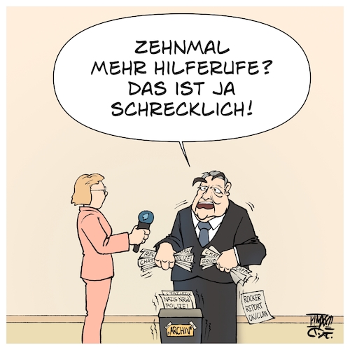 Cartoon: Zehnmal mehr Hilferufe (medium) by Timo Essner tagged bundesinneministerin,nancy,faeser,innenminister,herbert,reul,nrw,rechtsextremismus,rechte,gewalt,rechter,terror,terrorismus,anschlag,schule,schüler,hilferuf,zitat,lagebericht,polizei,bundeswehr,sicherheitsbehörden,polizeiproblem,verfassungsschutz,mad,cartoon,timo,essner,bundesinneministerin,nancy,faeser,innenminister,herbert,reul,nrw,rechtsextremismus,rechte,gewalt,rechter,terror,terrorismus,anschlag,schule,schüler,hilferuf,zitat,lagebericht,polizei,bundeswehr,sicherheitsbehörden,polizeiproblem,verfassungsschutz,mad,cartoon,timo,essner