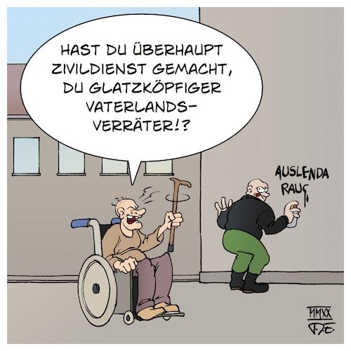 Cartoon: Zivildienst (medium) by Timo Essner tagged zivildienst,bundeswehr,nazis,altenpflege,rentner,pflege,gesellschaft,zusammenhalt,bildung,ausbildung,fokus,cartoon,timo,essner,zivildienst,bundeswehr,nazis,altenpflege,rentner,pflege,gesellschaft,zusammenhalt,bildung,ausbildung,fokus,cartoon,timo,essner