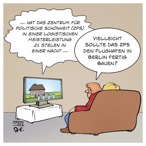 Cartoon: ZPS baut BER (medium) by Timo Essner tagged bernd,höcke,zentrum,für,politische,schönheit,zps,flughafen,berlin,brandenburg,ber,baufirma,bauen,logistik,cartoon,timo,essner,bernd,höcke,zentrum,für,politische,schönheit,zps,flughafen,berlin,brandenburg,ber,baufirma,bauen,logistik,cartoon,timo,essner